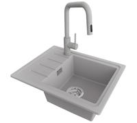 PRIMAGRAN Fregadero Granito al Mueble 45cm + Grifo, 55x44cm | Set: Grifo BW9070 + Kit de desagüe (sifón, válvula, rebosadero) + Copenhague Easy 1 Seno para Cocina, Gris