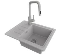 PRIMAGRAN Fregadero Granito al Mueble 45cm + Grifo, 55x44cm | Set: Grifo BW9070 + Kit de desagüe (sifón, válvula, rebosadero) + Copenhague Easy 1 Seno para Cocina, Todo Gris