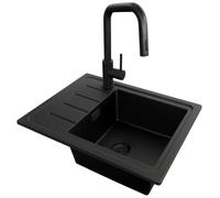 PRIMAGRAN Fregadero Granito al Mueble 45cm + Grifo, 55x44cm | Set: Grifo BW9070 + Kit de desagüe (sifón, válvula, rebosadero) + Copenhague Easy 1 Seno para Cocina, Todo Negro
