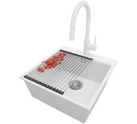 PRIMAGRAN Fregadero Granito al Mueble 50cm + Grifo, 48x50cm | Set: Grifo BW9010 + Kit de desagüe + Enrollable Escurridor + Oslo Top 1 Seno para Cocina, Blanco