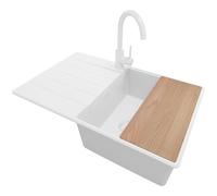 PRIMAGRAN Fregadero Granito al Mueble 50cm + Grifo, 78x50cm | Set: Grifo BW5010 + Kit de desagüe + Tabla de Cortar + Copenhague Top 1 Seno para Cocina, Todo Blanco