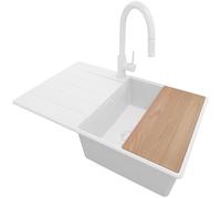 PRIMAGRAN Fregadero Granito al Mueble 50cm + Grifo, 78x50cm | Set: Grifo BW9010 + Kit de desagüe + Tabla de Cortar + Copenhague Top 1 Seno para Cocina, Todo Blanco