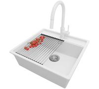 PRIMAGRAN Fregadero Granito al Mueble 60cm + Grifo, 56x53cm | Set: Grifo BW9010 + Kit de desagüe + Enrollable Escurridor + Bergen Low Cut Top Slim 1 Seno para Cocina, Blanco