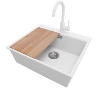 PRIMAGRAN Fregadero Granito al Mueble 60cm + Grifo, 58x50cm | Set: Grifo BW5010 + Kit de desagüe + Tabla de Cortar + Oslo Top 1 Seno para Cocina, Blanco