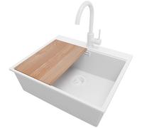 PRIMAGRAN Fregadero Granito al Mueble 60cm + Grifo, 58x50cm | Set: Grifo BW5010 + Kit de desagüe + Tabla de Cortar + Oslo Top 1 Seno para Cocina, Todo Blanco