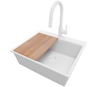 PRIMAGRAN Fregadero Granito al Mueble 60cm + Grifo, 58x50cm | Set: Grifo BW9010 + Kit de desagüe + Tabla de Cortar + Oslo Top 1 Seno para Cocina, Todo Blanco