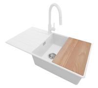 PRIMAGRAN Fregadero Granito al Mueble 60cm + Grifo, 90x50cm | Set: Grifo BW9010 + Kit de desagüe + Tabla de Cortar + Copenhague Top 1 Seno para Cocina, Blanco