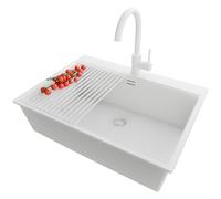 PRIMAGRAN Fregadero Granito al Mueble 70cm + Grifo, 68x50cm | Set: Grifo BW5010 + Kit de desagüe + Enrollable Escurridor + Oslo Top 1 Seno para Cocina, Todo Blanco