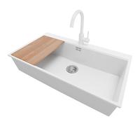 PRIMAGRAN Fregadero Granito al Mueble 90cm + Grifo, 88x50cm | Set: Grifo BW5010 + Kit de desagüe + Tabla de Cortar + Oslo 90 Top 1 Seno para Cocina, Blanco