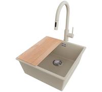 PRIMAGRAN Fregadero Granito Beige 46x47cm, Cocina 1 Seno + Grifo 40x20cm + Sifón + Tabla de Cortar, Sobre Encimera al Mueble 50cm - London Slim S287
