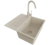 PRIMAGRAN Fregadero Granito Beige 55x50cm, Cocina 1 Seno + Grifo 32x20cm + Sifón, Sobre encimera al mueble 40cm - Copenhague