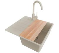 PRIMAGRAN Fregadero Granito Beige 55x50cm, Cocina 1 Seno + Grifo 32x20cm + Sifón + Tabla de cortar, Sobre encimera al mueble 40cm - Copenhague