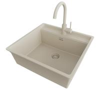 PRIMAGRAN Fregadero Granito Beige 56x53cm, Cocina 1 Seno + Grifo 32x20cm + Sifón, Sobre encimera al mueble 60cm - Bergen