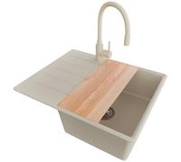 PRIMAGRAN Fregadero Granito Beige 62x50cm, Cocina 1 Seno + Grifo 38x14cm + Sifón + Tabla de cortar, Sobre encimera al mueble 45cm - Copenhague