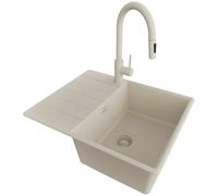 PRIMAGRAN Fregadero Granito Beige 62x50cm, Cocina 1 Seno + Grifo 40x20cm + Sifón, Sobre encimera al mueble 45cm - Copenhague