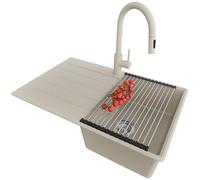 PRIMAGRAN Fregadero Granito Beige 78x50cm, Cocina 1 Seno + Grifo 40x20cm + Sifón + Enrollable Escurridor, Sobre Encimera al Mueble 45cm - Copenhague Top S330