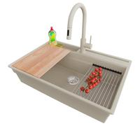 PRIMAGRAN Fregadero Granito Beige 78x53cm, Cocina 1 Seno + Grifo 40x20cm + Sifón + Accesorios, Sobre encimera al mueble 80cm - Oslo Pocket