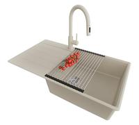 PRIMAGRAN Fregadero Granito Beige 90x50cm, Cocina 1 Seno + Grifo 40x20cm + Sifón + Enrollable Escurridor, Sobre encimera al mueble 60cm - Copenhague