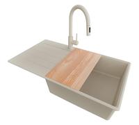 PRIMAGRAN Fregadero Granito Beige 90x50cm, Cocina 1 Seno + Grifo 40x20cm + Sifón + Tabla de cortar, Sobre encimera al mueble 60cm - Copenhague