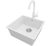 PRIMAGRAN Fregadero Granito Blanco 46x44cm, Cocina 1 Seno + Grifo 32x20cm + Sifón, Sobre encimera al mueble 50cm - Venecia Slim Easy