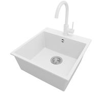 PRIMAGRAN Fregadero Granito Blanco 48x50cm, Cocina 1 Seno + Grifo 32x20cm + Sifón, Sobre Encimera al Mueble 50cm - Riga S227