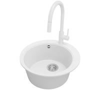 PRIMAGRAN Fregadero Granito Blanco 50x50cm, Cocina 1 Seno + Grifo 40x20cm + Sifón, Sobre Encimera al Mueble 45cm - Pisa Top S017