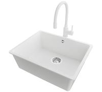 PRIMAGRAN Fregadero Granito Blanco 56x44cm, Cocina 1 Seno + Grifo 38x14cm + Sifón, Sobre encimera al mueble 60cm - Venecia Slim Easy