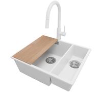 PRIMAGRAN Fregadero Granito Blanco 56x47cm, Cocina 1,5 Senos + Grifo 40x20cm + Sifón + Tabla de cortar, Sobre encimera al mueble 60cm - London Slim Duo