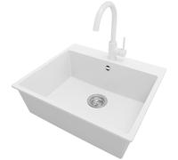 PRIMAGRAN Fregadero Granito Blanco 58x50cm, Cocina 1 Seno + Grifo 32x20cm + Sifón, Sobre encimera al mueble 60cm - Riga S182