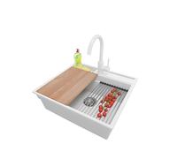PRIMAGRAN Fregadero Granito Blanco 58x53cm, Cocina 1 Seno + Grifo 32x20cm + Sifón + Accesorios, Sobre encimera al mueble 60cm - Oslo Pocket