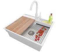 PRIMAGRAN Fregadero Granito Blanco 58x53cm, Cocina 1 Seno + Grifo 32x20cm + Sifón + Accesorios, Sobre encimera al mueble 60cm - Oslo Pocket