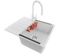 PRIMAGRAN Fregadero Granito Blanco 62x50cm, Cocina 1 Seno + Grifo 38x14cm + Sifón + Enrollable Escurridor, Sobre encimera al mueble 45cm - Copenhague