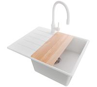 PRIMAGRAN Fregadero Granito Blanco 62x50cm, Cocina 1 Seno + Grifo 38x14cm + Sifón + Tabla de cortar, Sobre encimera al mueble 45cm - Copenhague