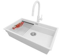 PRIMAGRAN Fregadero Granito Blanco 76x47cm, Cocina 1 Seno + Grifo 40x20cm + Juego de accesorios, Sobre Encimera al Mueble 80cm - Prague Level Slim S540