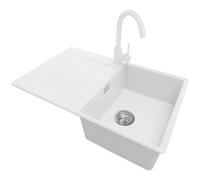 PRIMAGRAN Fregadero Granito Blanco 78x50cm, Cocina 1 Seno + Grifo 32x20cm + Sifón, Sobre encimera al mueble 45cm - Copenhague S117