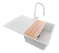 PRIMAGRAN Fregadero Granito Blanco 78x50cm, Cocina 1 Seno + Grifo 38x14cm + Sifón + Tabla de cortar, Sobre encimera al mueble 45cm - Copenhague