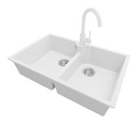 PRIMAGRAN Fregadero Granito Blanco 78x50cm, Cocina 2 Senos + Grifo 32x20cm + Sifón, Sobre encimera al mueble 80cm - Madrid Twin
