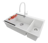 PRIMAGRAN Fregadero Granito Blanco 78x50cm, Cocina 2 Senos + Grifo 38x14cm + Sifón + Enrollable Escurridor, Sobre encimera al mueble 80cm - Oslo Duo