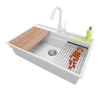 PRIMAGRAN Fregadero Granito Blanco 78x53cm, Cocina 1 Seno + Grifo 32x20cm + Sifón + Accesorios, Sobre encimera al mueble 80cm - Oslo Pocket S247