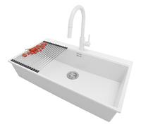 PRIMAGRAN Fregadero Granito Blanco 88x50cm, Cocina 1 Seno + Grifo 40x20cm + Sifón + Enrollable Escurridor, Sobre encimera al mueble 90cm - Oslo S418