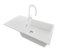 PRIMAGRAN Fregadero Granito Blanco 90x50cm, Cocina 1 Seno + Grifo 38x14cm + Sifón, Sobre encimera al mueble 60cm - Ibiza