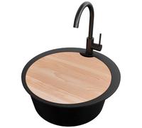 PRIMAGRAN Fregadero Granito Circular Negro 53x53cm, Cocina 1 Seno + Grifo 32x20cm + Sifón + Tabla de Cortar, Sobre Encimera al Mueble 50cm - Pisa S045