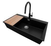 PRIMAGRAN Fregadero Granito de Esquina Negro 88x50cm, Cocina 1 Seno + Grifo 40x20cm + Sifón + Tabla de Cortar, Sobre Encimera al Mueble 90cm - Oslo 90 Top S723