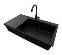 PRIMAGRAN Fregadero Granito de Esquina Todo Negro 88x50cm, Cocina 1 Seno + Grifo 32x20cm + Juego de accesorios, Sobre Encimera al Mueble 90cm - Oslo 90 Top S740