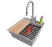 PRIMAGRAN Fregadero Granito Gris 48x53cm, Cocina 1 Seno + Grifo 40x20cm + Sifón + Accesorios, Sobre encimera al mueble 50cm - Oslo Pocket