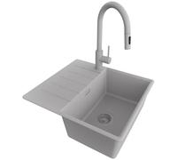 PRIMAGRAN Fregadero Granito Gris 55x50cm, Cocina 1 Seno + Grifo 40x20cm + Sifón, Sobre encimera al mueble 40cm - Copenhague