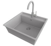 PRIMAGRAN Fregadero Granito Gris 56x53cm, Cocina 1 Seno + Grifo 32x20cm + Sifón, Sobre encimera al mueble 60cm - Bergen