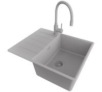 PRIMAGRAN Fregadero Granito Gris 62x50cm, Cocina 1 Seno + Grifo 38x14cm + Sifón, Sobre encimera al mueble 45cm - Copenhague