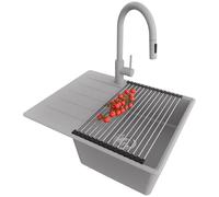 PRIMAGRAN Fregadero Granito Gris 62x50cm, Cocina 1 Seno + Grifo 40x20cm + Sifón + Enrollable Escurridor, Sobre encimera al mueble 45cm - Copenhague