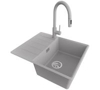 PRIMAGRAN Fregadero Granito Gris 62x50cm, Cocina 1 Seno + Grifo 40x20cm + Sifón, Sobre encimera al mueble 45cm - Copenhague